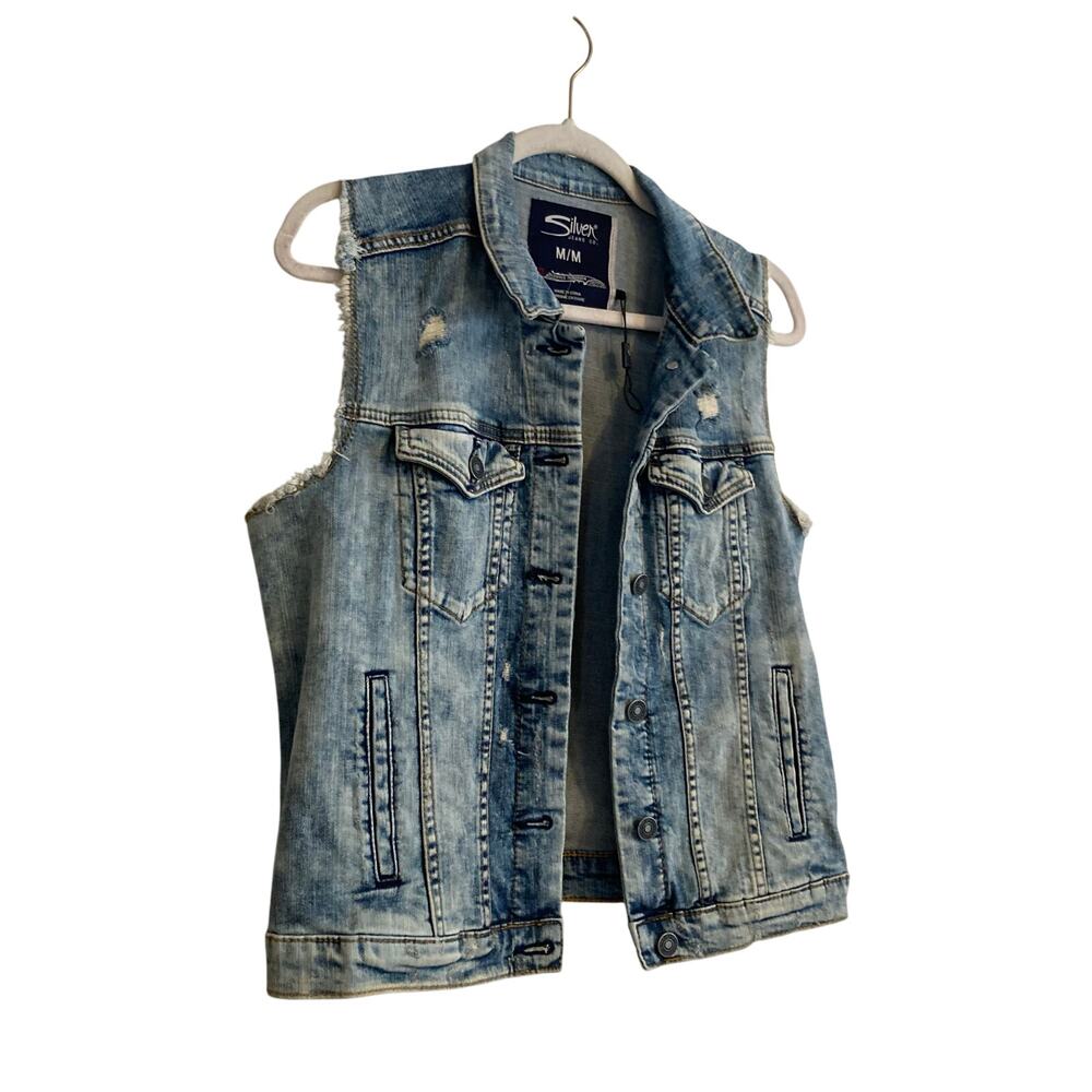 NWT Silver Jeans Co Mid Wash Denim Button Up Distressed Western Vest Size Medium - Picture 3 of 16